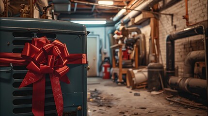 Poster - an HVAC furnace in basement with a red bow on it.