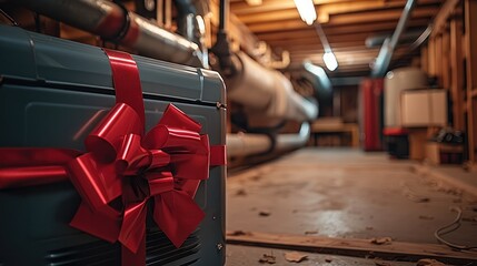 Aufkleber - an HVAC furnace in basement with a red bow on it.
