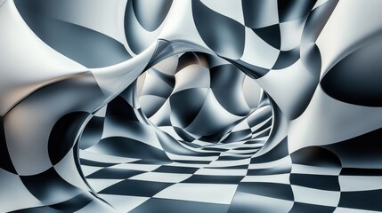 Poster - An abstract tunnel with a mesmerizing black and white checkerboard pattern, creating a dynamic sense of depth.