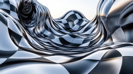 Poster - A mesmerizing abstract landscape of undulating black and white checkered patterns, creating a sense of depth and movement.