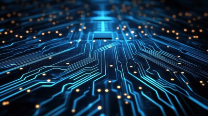 Poster - Close-up view of a blue circuit board with intricate pathways and glowing lights, representing technology and innovation.