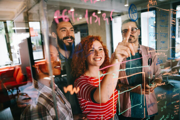 Wall Mural - Happy software developers working on meeting, Programming advanced code artificial intelligence.