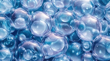 Poster - A close-up view of translucent soap bubbles with a soft blue background, creating a dreamy and ethereal atmosphere.