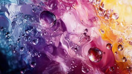 Poster - Colorful liquid abstract with bubbles, showcasing vibrant pink, purple, and orange hues illuminated in motion.
