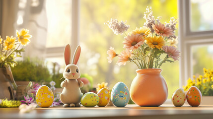 Wall Mural - Easter bunny with painted eggs and flowers on sunny windowsill