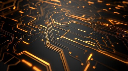 Poster - Close-up of an abstract circuit board design with glowing orange traces on a dark background, evoking a high-tech vibe.