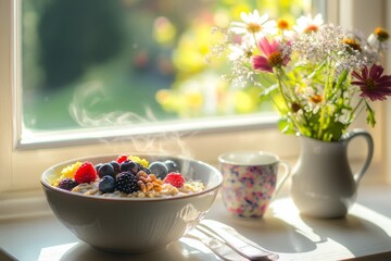 Wall Mural - A cozy breakfast scene featuring a bowl of steaming oatmeal topped with berries. Morning light shines through the window. Perfect for food lovers. Generative AI