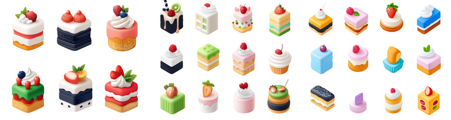 Aufkleber - Slices of cube cake. Chocolate, strawberry, vanilla, matcha or green tea, orange, and blueberry. Isometric sweets icon. Cute cartoon modern illustration. Cafe sweet dessert menu.