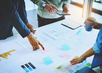 Poster - Hands, group discussion and business people pointing at sticky note strategy, meeting or data. Team, paper and project manager planning on tablet with stats or brainstorming idea in creative startup