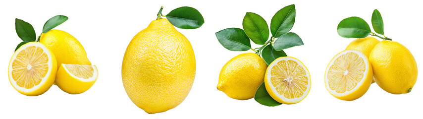 Poster - Yellow lemon citrus fruit stand isolated on transparent background with ripe wedges