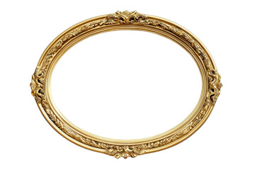 Elegant oval golden frame with intricate carved details, isolated on a transparent background. Ideal for art, portrait or decorative projects.