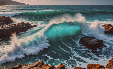 Poster - Large wave is crashing on a rocky shore