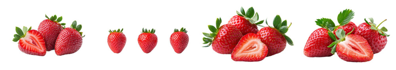 Aufkleber - A white background with two ripe strawberries and half a strawberry with green leaves.