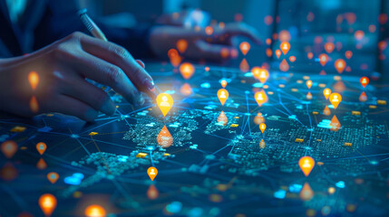 Poster - Interactive Global Social Network Connection, Hands on Digital Map with Profile Icons, Technology Concept, Night Setting, Illuminated Interface