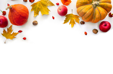 Wall Mural - pumpkin, acorns, red berries, apples and autumnal colorful maple leaves on a white background with s