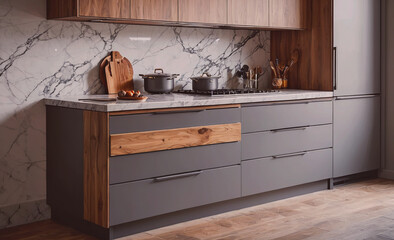 Poster - Kitchen with a marble countertop and wooden cabinets