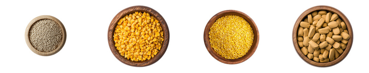 Poster - An isolated top view of a wooden bowl filled with ripe corn seeds on a transparent background
