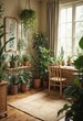 © Neuroillustrator3033 - Indoor plant room interior with wooden furniture, desk, lamp, beige walls and rug, window curtains, home decor, living space, plant collection display