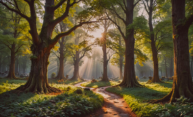 Aufkleber - Path in a forest with trees and sunlight