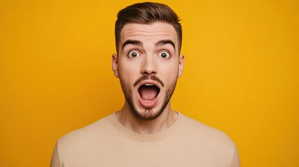 surprised young man with open mouth expression against yellow background