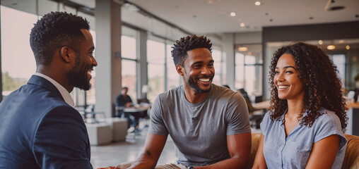 Poster - Three people are smiling and laughing together in a room
