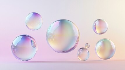 Poster - Colorful soap bubbles float gracefully against a soft pastel background, creating a serene and whimsical atmosphere.