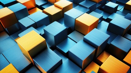 Poster - A vibrant array of blue and orange metallic cubes stacked artistically, creating a dynamic abstract composition.