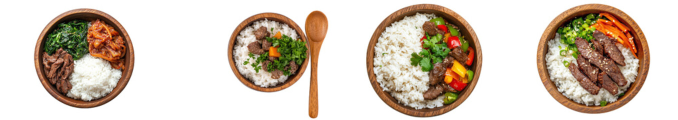 Poster - The wooden bowl with the beef and rice is isolated on a transparent background, a typical Asian dish