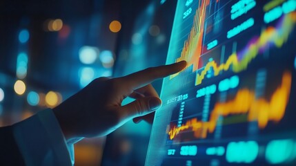 Poster - Business professional analyzing financial market trends on digital display during twilight hours in a modern office environment