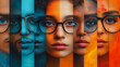 © CreativeIMGIdeas - A series of faces with glasses in different colors. The faces are arranged in a row, with the leftmost face being blue and the rightmost face being orange