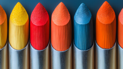 Poster - A row of colorful makeup brushes are lined up next to each other. The brushes are of different colors and sizes, and they appear to be made of metal. Concept of creativity and self-expression
