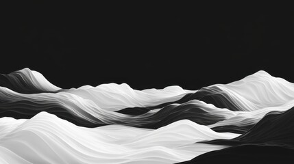 Poster - Abstract black and white waves create a surreal landscape with fluid curves and dynamic movement.