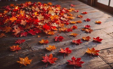 Aufkleber - Pile of red leaves on a wooden floor