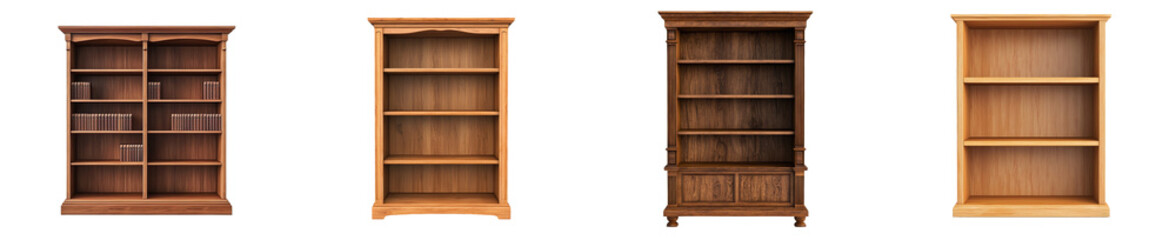 Poster - Isolated empty wooden bookshelves on transparent background