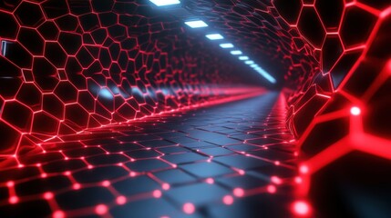 Poster - Futuristic tunnel with glowing red hexagonal patterns and bright lights creating an electronic, sci-fi atmosphere.