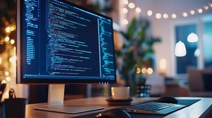 Wall Mural - A computer monitor displaying lines of code, a keyboard and mouse, and a cup of coffee on a desk at night.