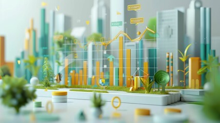 Wall Mural - 3d financial model with sustainability icons, organic growth indicators, and energy-efficient invest
