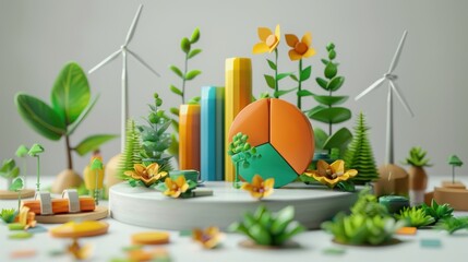 Wall Mural - 3d model of a sustainable investment portfolio with pie charts, plant icons, and renewable energy as