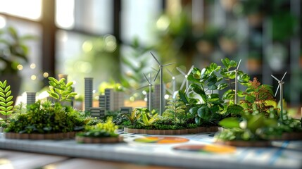 Wall Mural - 3d model of a sustainable investment portfolio with pie charts, plant icons, and renewable energy as