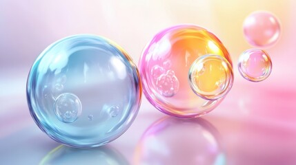 Poster - Colorful soap bubbles floating against a soft pastel background, creating a whimsical and dreamy atmosphere.