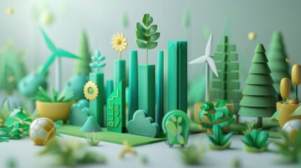 Wall Mural - 3d model of sustainable finance with green icons, eco-friendly investment bars, and renewable energy