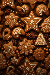 Wall Mural - Abstract background with Christmas gingerbread pieces and cookies on brown background. Vertical composition.