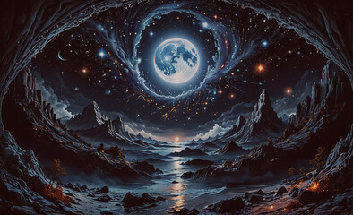 Leinwandbilder - Moon is in the sky above a rocky landscape