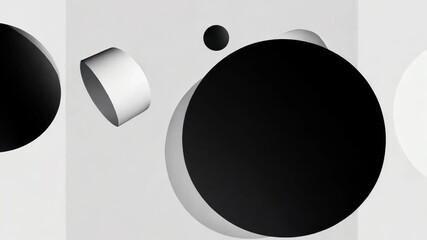 Wall Mural - three black circles and a white cylinder float against a white background