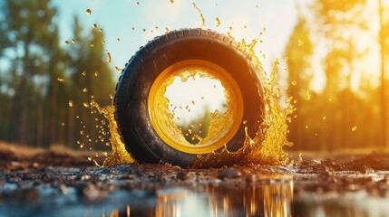 Aufkleber - Splashing through nature a tire in midair creates a stunning water spray