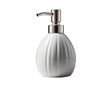 © MRK STUDIO - Minimalist white ceramic soap dispenser with chrome pump on white background.
