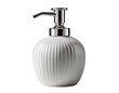 © MRK STUDIO - Minimalist white ceramic soap dispenser with chrome pump on white background.
