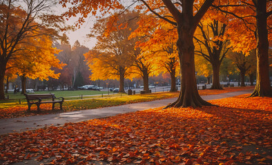 Aufkleber - Park with a bench and trees with leaves on the ground