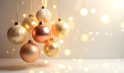 Wall Mural - golden, copper and white christmas decoration balls on bokeh background