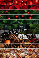 Wall Mural - Abstract background with seasonal and winter stripes with plant, leaf, ball, cone, spice, sweets and balls texture. Vertical composition. Concept of Christmas, holiday and New Year.